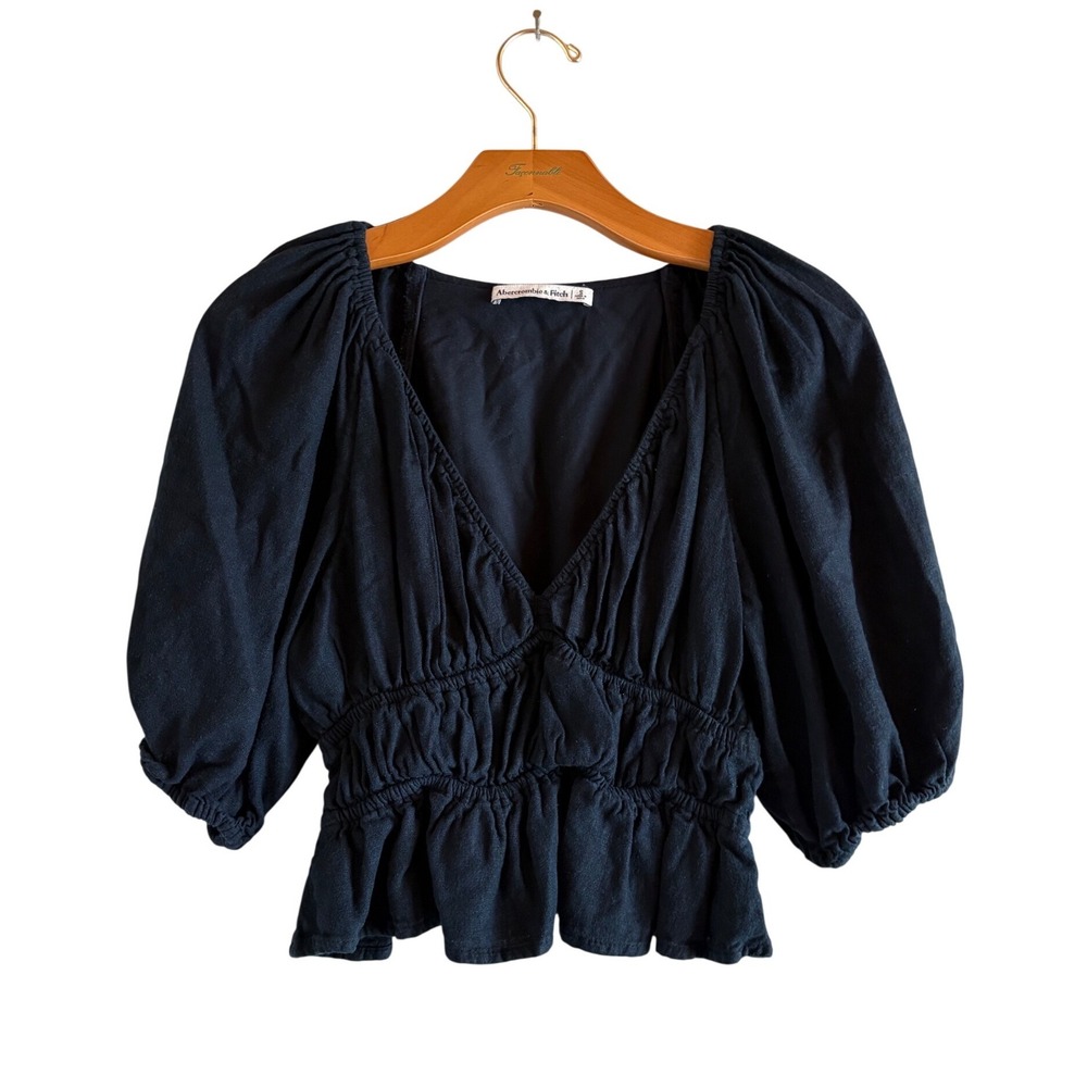 Abercrombie & Fitch Black Linen Blend Puff Sleeve Smocked Peplum Blouse‎ small